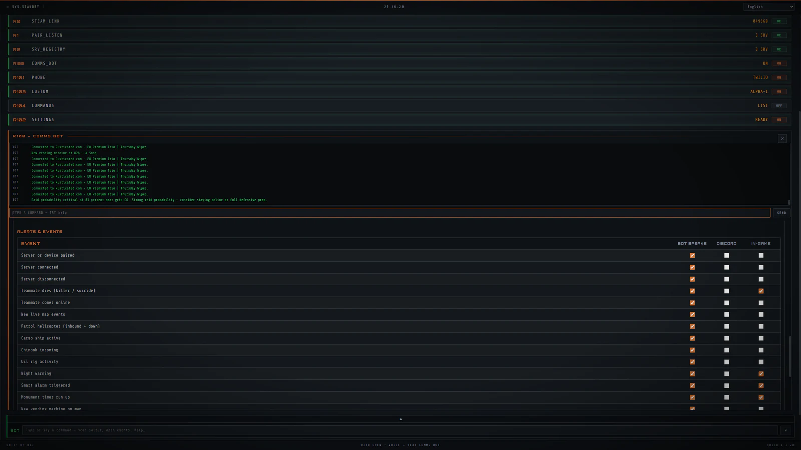 The R101 alert triggers in RustPocket: a matrix of events, from teammate death to patrol helicopter, cargo ship and the smart alarm, each routed to an in-game notice, Telegram or a phone call.