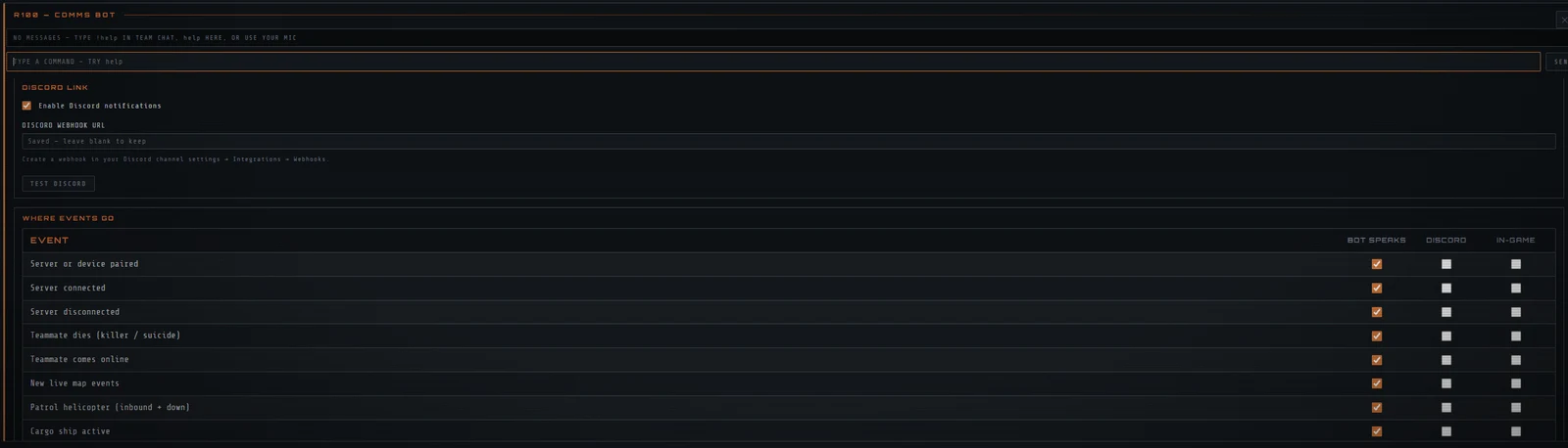 The R100 comms bot panel in RustPocket, with a Discord webhook link and a routing table sending pairing, connection, teammate death, patrol helicopter and cargo ship events to the bot, Discord or in-game chat.