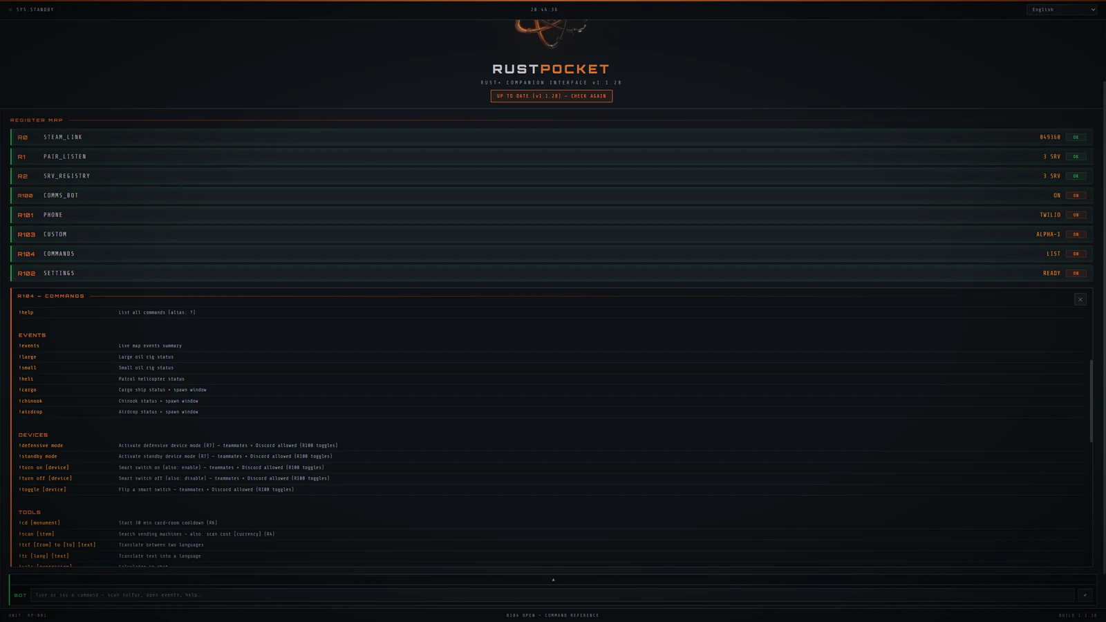 The R104 command reference in RustPocket, listing the chat and voice commands the bot answers, from oil rig status and device control to monument timers, recycling and translation.