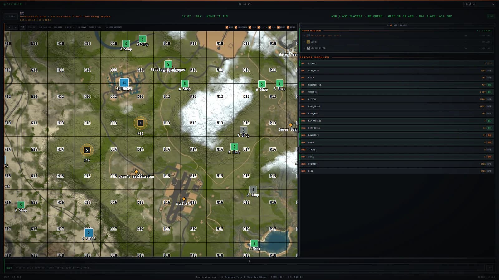 The RustPocket live map of a 200-player Rust server, showing monuments, 142 vending machines, 14 ore hotspots, the excavator, launch site and the team roster.