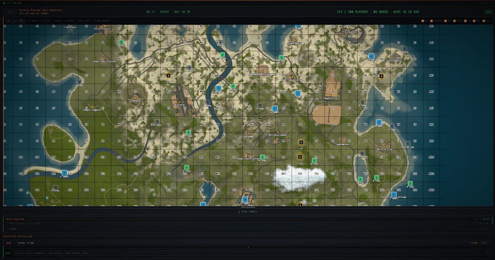 Die RustPocket-Live-Karte eines 200-Spieler-Rust-Servers mit Monumenten, 142 Vending-Maschinen, 14 Erz-Hotspots, dem Excavator, Launch Site und dem Team-Roster.