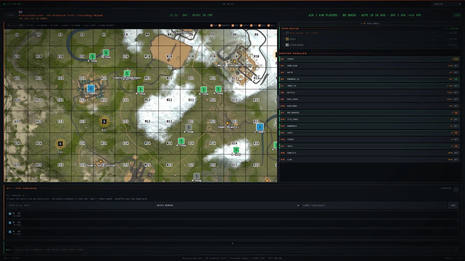 The R11 map markers panel in RustPocket, adding a death grid and labelled pins that broadcast to team chat and sync to everyone's map.