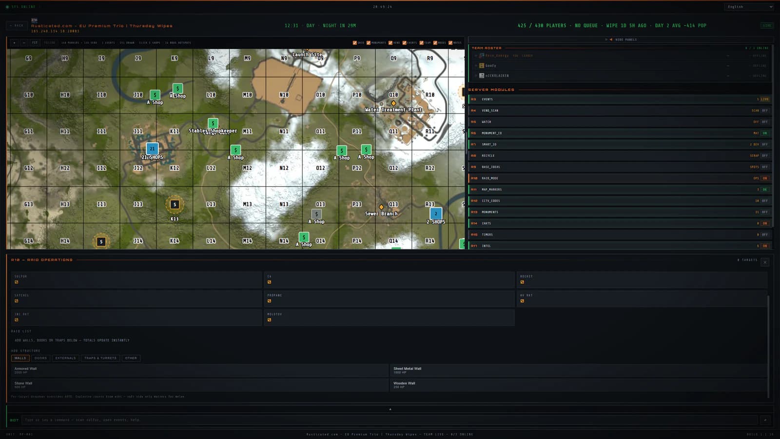 The R10 raid operations panel in RustPocket, totalling the sulfur, gunpowder and time for a wall list, with a picker for walls, doors, externals and turrets.