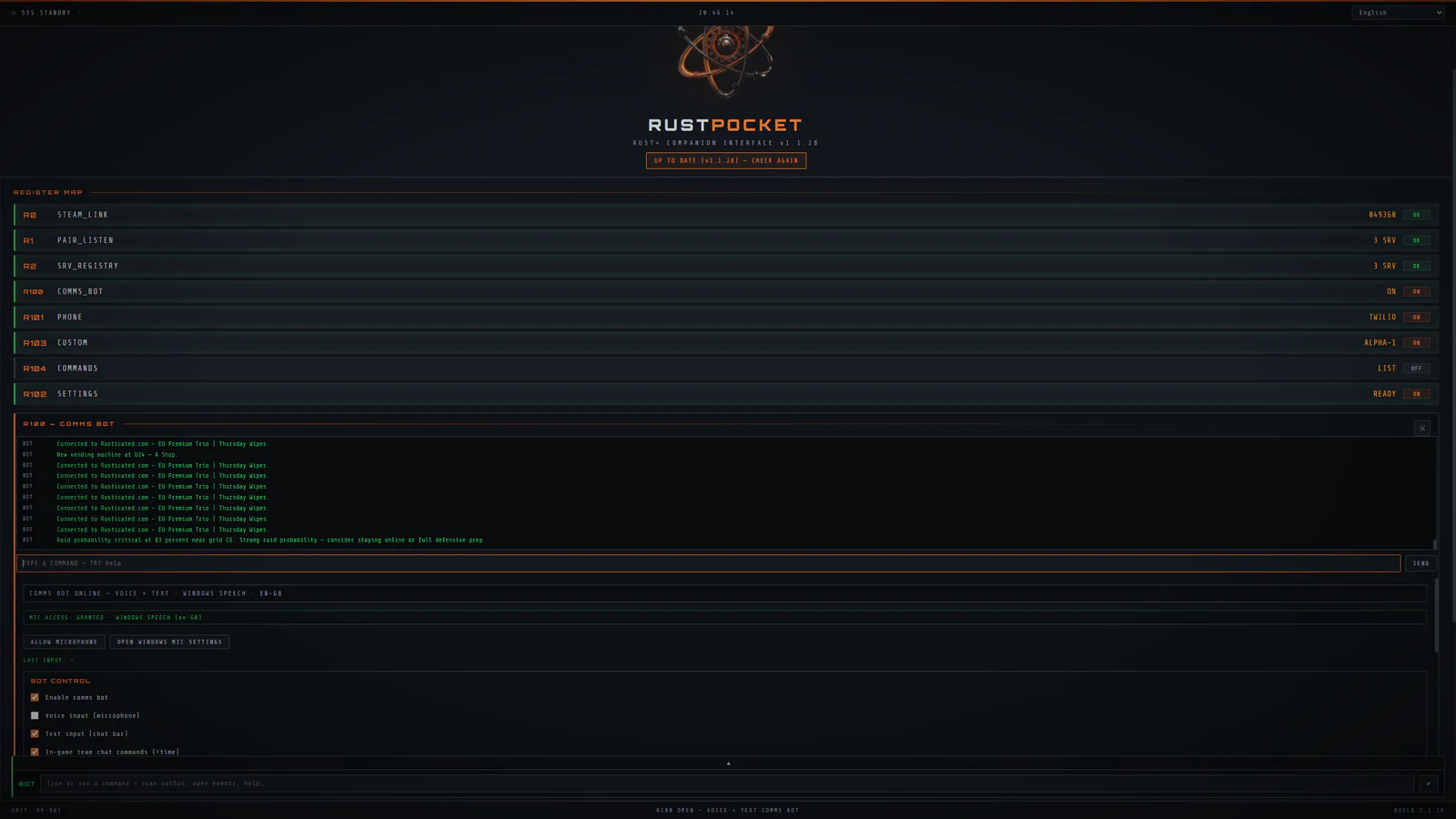 The R100 comms bot panel in RustPocket, with the bot connected and switches for voice, chat-bar text and in-game team chat commands.