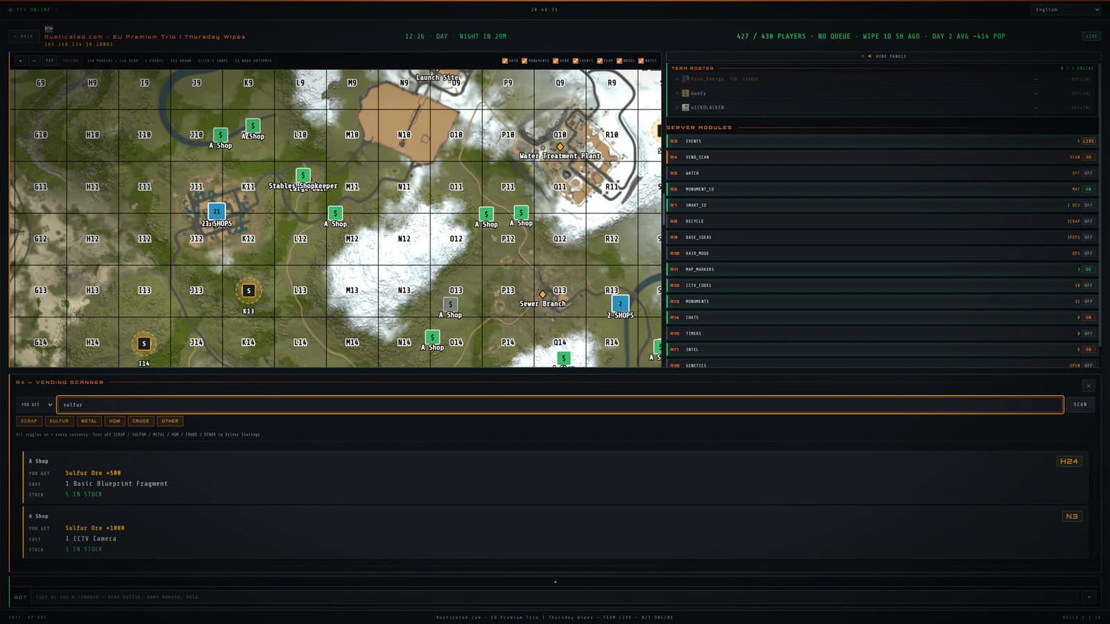 The R4 vending scanner in RustPocket, searching every shop on the server for sulfur ore and listing each machine's price, stock and grid square.